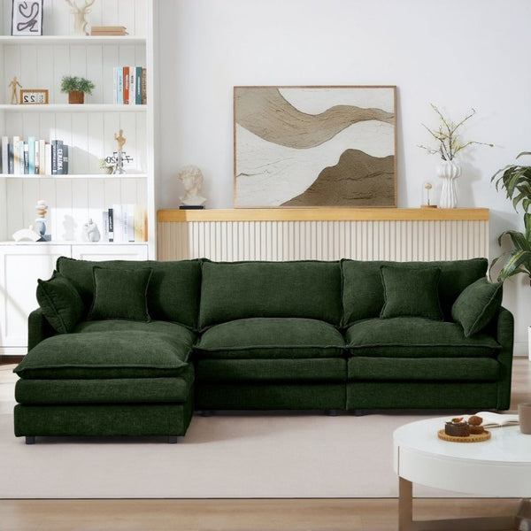 English Elm Modular Cloud Sectional Sofa Chenille Upholstered L Shaped Design with Movable Ottoman Green W1359S00078