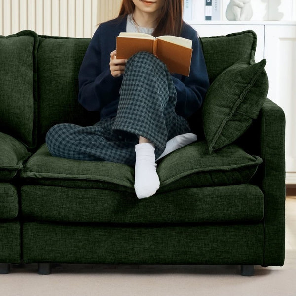 English Elm Modular Cloud Sectional Sofa Chenille Upholstered L Shaped Design with Movable Ottoman Green W1359S00078