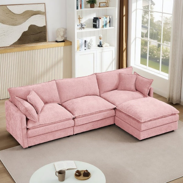 English Elm Modular Cloud Sectional Sofa Chenille Upholstered L Shaped Design with Movable Ottoman Pink W1359S00079