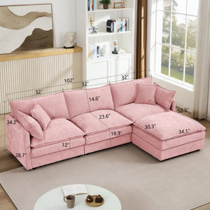 English Elm Modular Cloud Sectional Sofa Chenille Upholstered L Shaped Design with Movable Ottoman Pink W1359S00079
