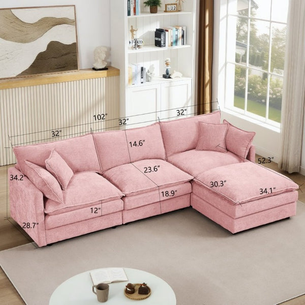 English Elm Modular Cloud Sectional Sofa Chenille Upholstered L Shaped Design with Movable Ottoman Pink W1359S00079