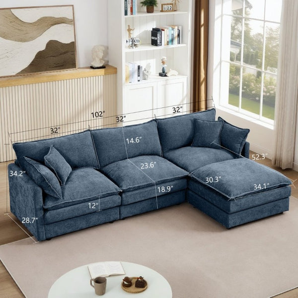 English Elm Modular Cloud Sectional Sofa Chenille Upholstered L Shaped Design with Movable Ottoman Blue W1359S00080