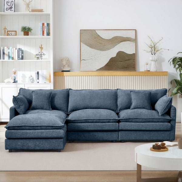 English Elm Modular Cloud Sectional Sofa Chenille Upholstered L Shaped Design with Movable Ottoman Blue W1359S00080