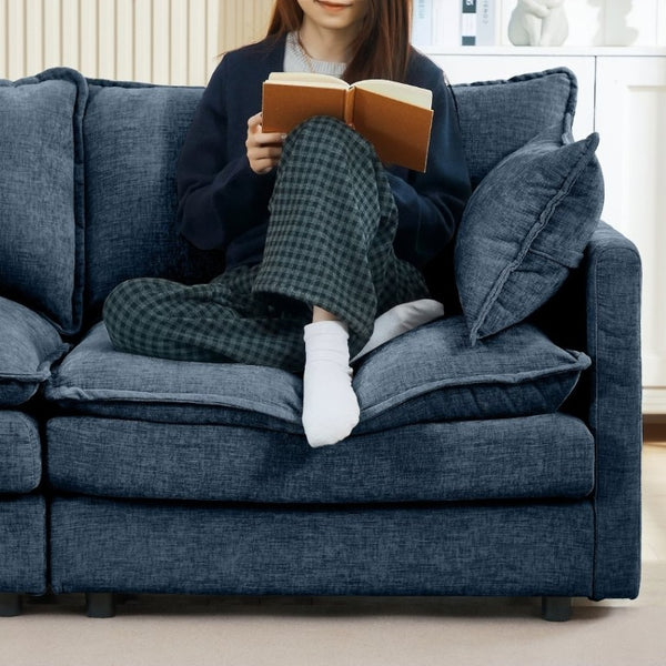 English Elm Modular Cloud Sectional Sofa Chenille Upholstered L Shaped Design with Movable Ottoman Blue W1359S00080