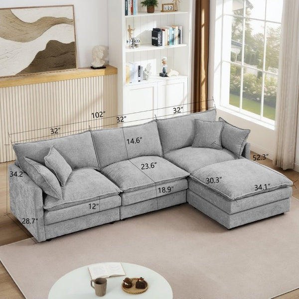 English Elm Modular Cloud Sectional Sofa Chenille Upholstered L Shaped Design with Movable Ottoman Grey W1359S00081