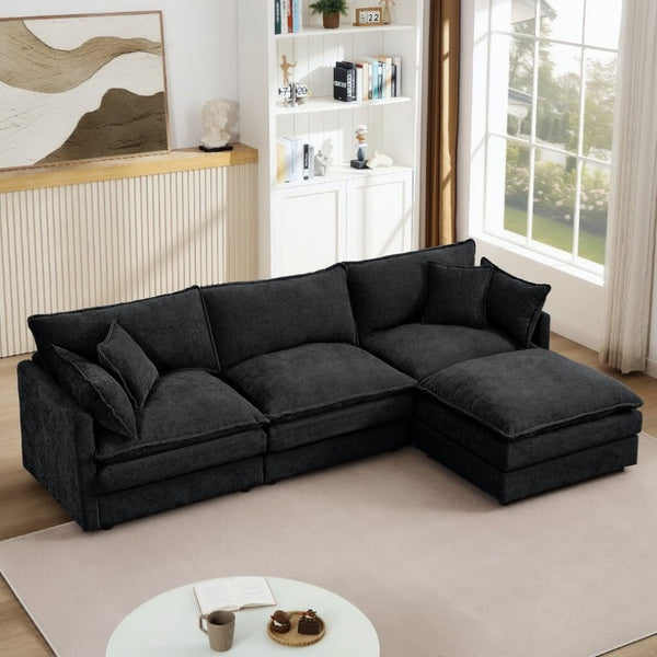 English Elm Modular Cloud Sectional Sofa Chenille Upholstered L Shaped Design with Movable Ottoman Black W1359S00082
