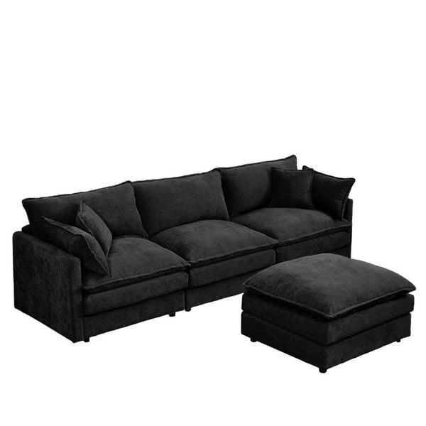 English Elm Modular Cloud Sectional Sofa Chenille Upholstered L Shaped Design with Movable Ottoman Black W1359S00082