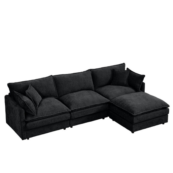 English Elm Modular Cloud Sectional Sofa Chenille Upholstered L Shaped Design with Movable Ottoman Black W1359S00082