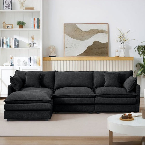 English Elm Modular Cloud Sectional Sofa Chenille Upholstered L Shaped Design with Movable Ottoman Black W1359S00082