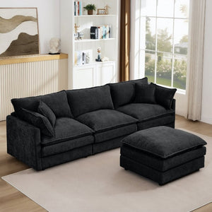 English Elm Modular Cloud Sectional Sofa Chenille Upholstered L Shaped Design with Movable Ottoman Black W1359S00082