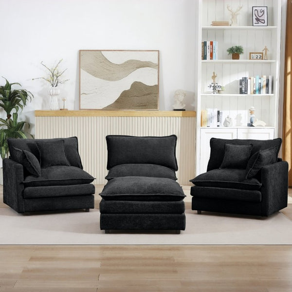 English Elm Modular Cloud Sectional Sofa Chenille Upholstered L Shaped Design with Movable Ottoman Black W1359S00082
