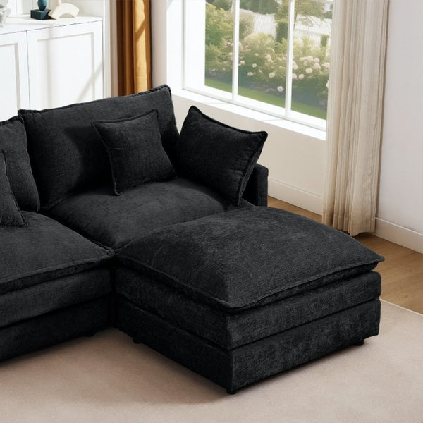 English Elm Modular Cloud Sectional Sofa Chenille Upholstered L Shaped Design with Movable Ottoman Black W1359S00082