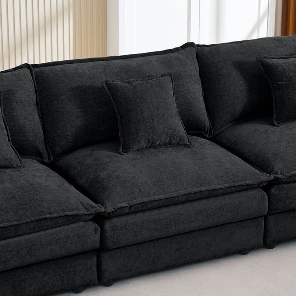 English Elm Modular Cloud Sectional Sofa Chenille Upholstered L Shaped Design with Movable Ottoman Black W1359S00082