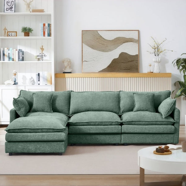 English Elm Modular Cloud Sectional Sofa Chenille Upholstered L Shaped Design with Movable Ottoman Mint Green W1359S00083
