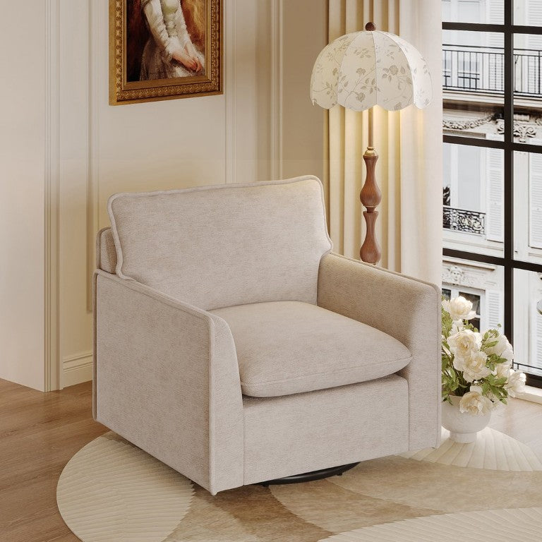 English Elm 360° Swivel Club Chair Chenille Upholstered Mid-Century Square Seat for Living Room Beige W1361P511244