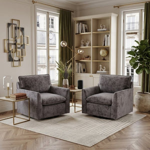 English Elm 360° Swivel Club Chairs Set of 2 Mid-Century Chenille Upholstered Living Room Seating Grey W1361S00104