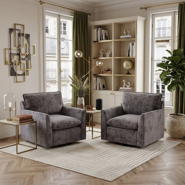 English Elm 360° Swivel Club Chairs Set of 2 Mid-Century Chenille Upholstered Living Room Seating Grey W1361S00104