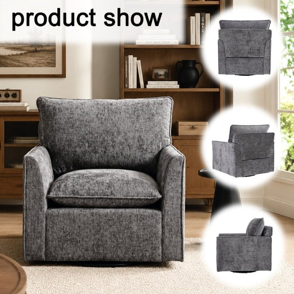 English Elm 360° Swivel Club Chairs Set of 2 Mid-Century Chenille Upholstered Living Room Seating Grey W1361S00104