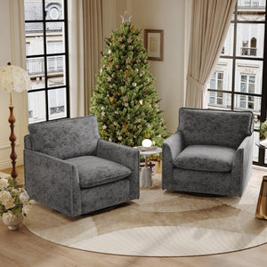 English Elm 360° Swivel Club Chairs Set of 2 Mid-Century Chenille Upholstered Living Room Seating Grey W1361S00104