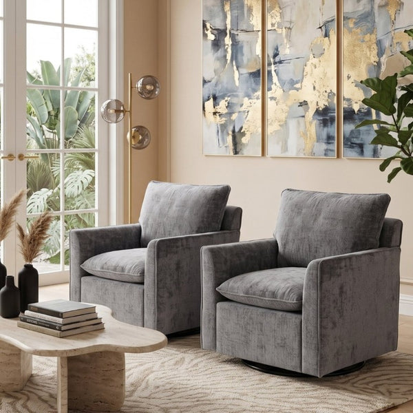 English Elm 360° Swivel Club Chairs Set of 2 Mid-Century Chenille Upholstered Living Room Seating Grey W1361S00104
