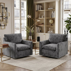 English Elm 360° Swivel Club Chairs Set of 2 Mid-Century Chenille Upholstered Living Room Seating Grey W1361S00104