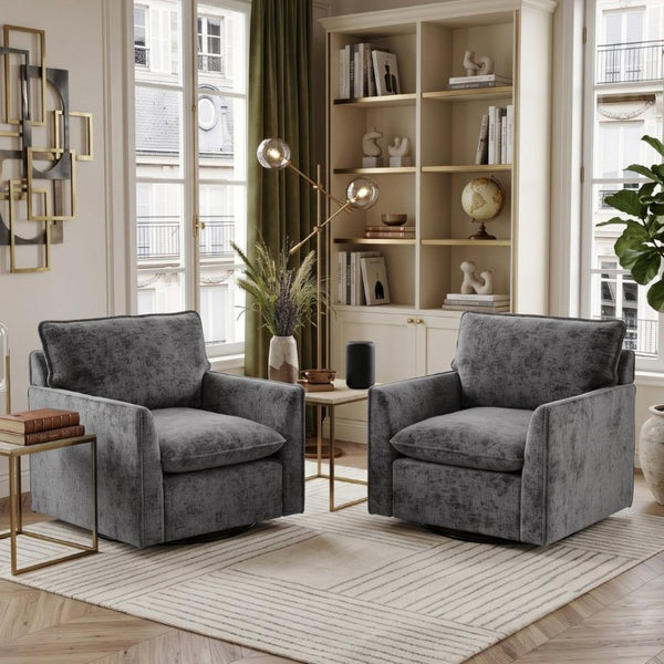 English Elm 360° Swivel Club Chairs Set of 2 Mid-Century Chenille Upholstered Living Room Seating Grey W1361S00104