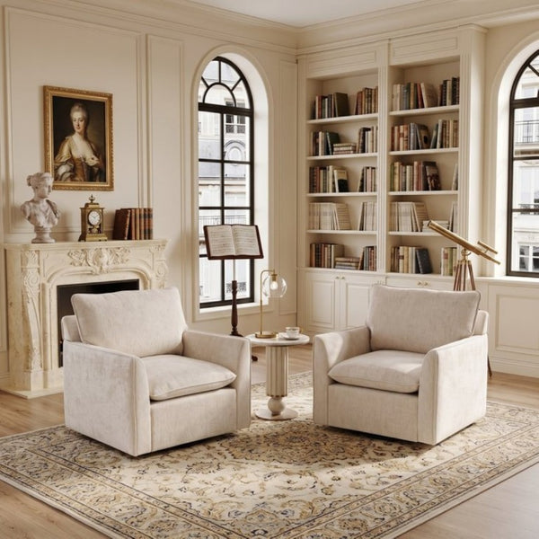 English Elm 360° Swivel Club Chairs Set of 2 Mid-Century Chenille Upholstered Living Room Seating Beige W1361S00105
