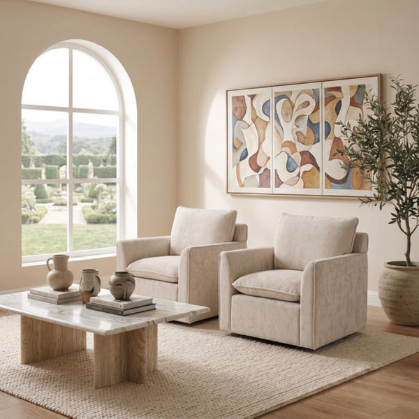 English Elm 360° Swivel Club Chairs Set of 2 Mid-Century Chenille Upholstered Living Room Seating Beige W1361S00105