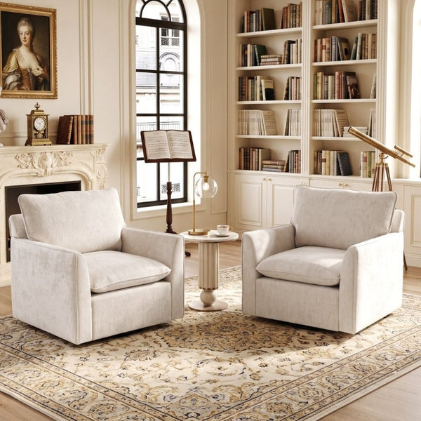 English Elm 360° Swivel Club Chairs Set of 2 Mid-Century Chenille Upholstered Living Room Seating Beige W1361S00105