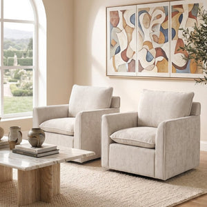 English Elm 360° Swivel Club Chairs Set of 2 Mid-Century Chenille Upholstered Living Room Seating Beige W1361S00105