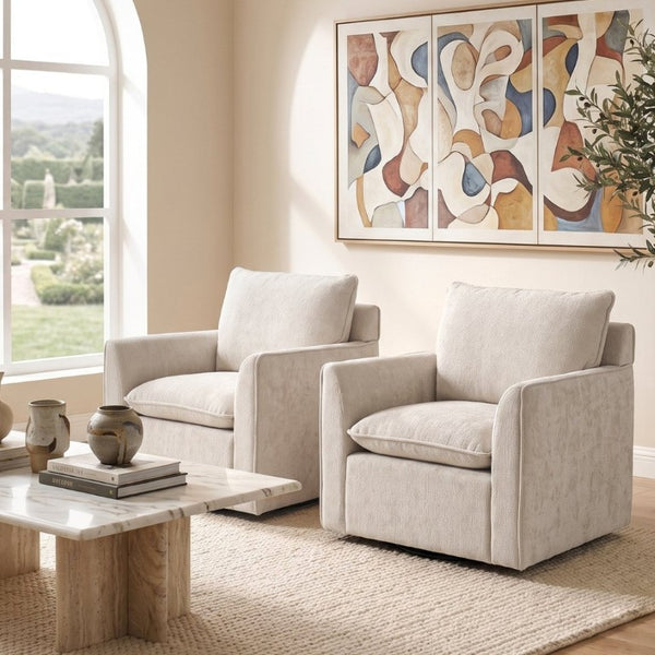 English Elm 360° Swivel Club Chairs Set of 2 Mid-Century Chenille Upholstered Living Room Seating Beige W1361S00105