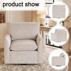 English Elm 360° Swivel Club Chairs Set of 2 Mid-Century Chenille Upholstered Living Room Seating Beige W1361S00105
