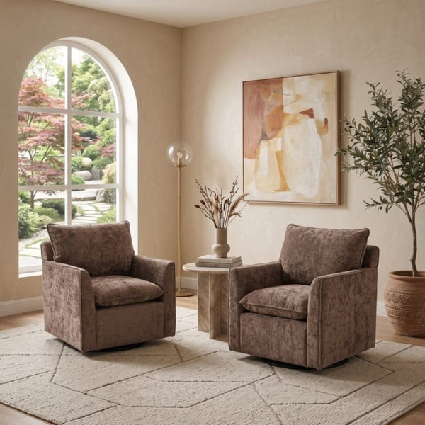 English Elm 360° Swivel Club Chairs Set of 2 Mid-Century Chenille Upholstered Living Room Seating Brown W1361S00106
