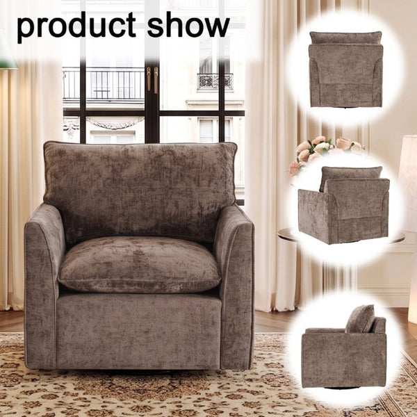 English Elm 360° Swivel Club Chairs Set of 2 Mid-Century Chenille Upholstered Living Room Seating Brown W1361S00106
