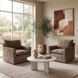 English Elm 360° Swivel Club Chairs Set of 2 Mid-Century Chenille Upholstered Living Room Seating Brown W1361S00106