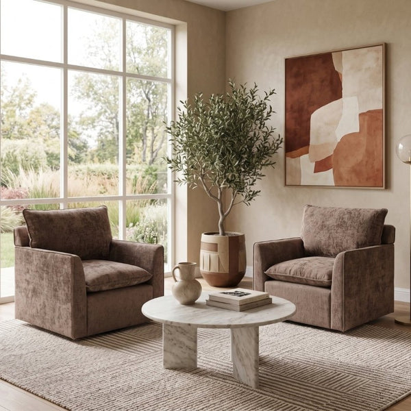 English Elm 360° Swivel Club Chairs Set of 2 Mid-Century Chenille Upholstered Living Room Seating Brown W1361S00106