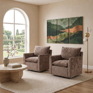 English Elm 360° Swivel Club Chairs Set of 2 Mid-Century Chenille Upholstered Living Room Seating Brown W1361S00106