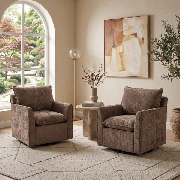 English Elm 360° Swivel Club Chairs Set of 2 Mid-Century Chenille Upholstered Living Room Seating Brown W1361S00106