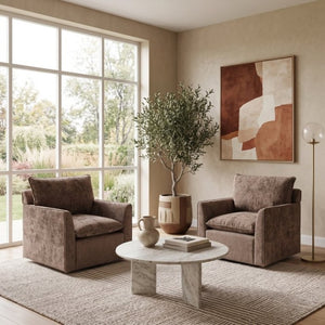 English Elm 360° Swivel Club Chairs Set of 2 Mid-Century Chenille Upholstered Living Room Seating Brown W1361S00106