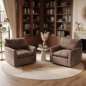 English Elm 360° Swivel Club Chairs Set of 2 Mid-Century Chenille Upholstered Living Room Seating Brown W1361S00106