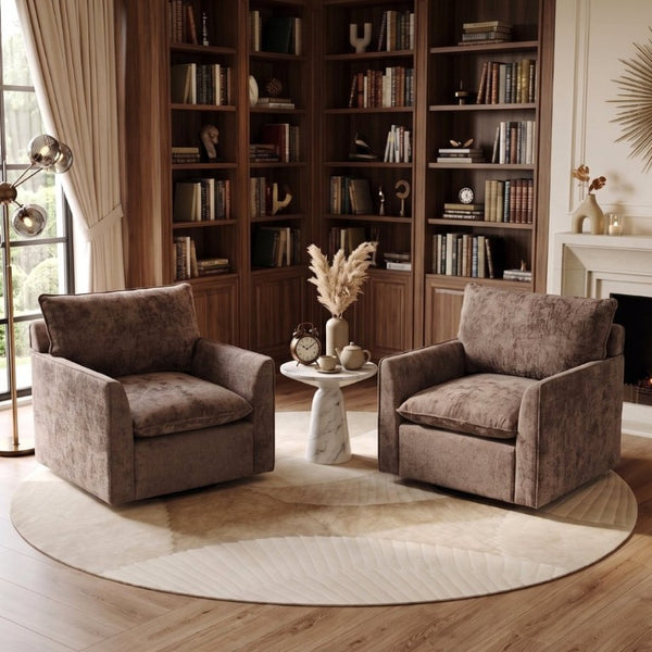 English Elm 360° Swivel Club Chairs Set of 2 Mid-Century Chenille Upholstered Living Room Seating Brown W1361S00106