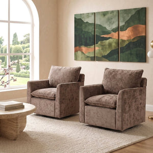 English Elm 360° Swivel Club Chairs Set of 2 Mid-Century Chenille Upholstered Living Room Seating Brown W1361S00106