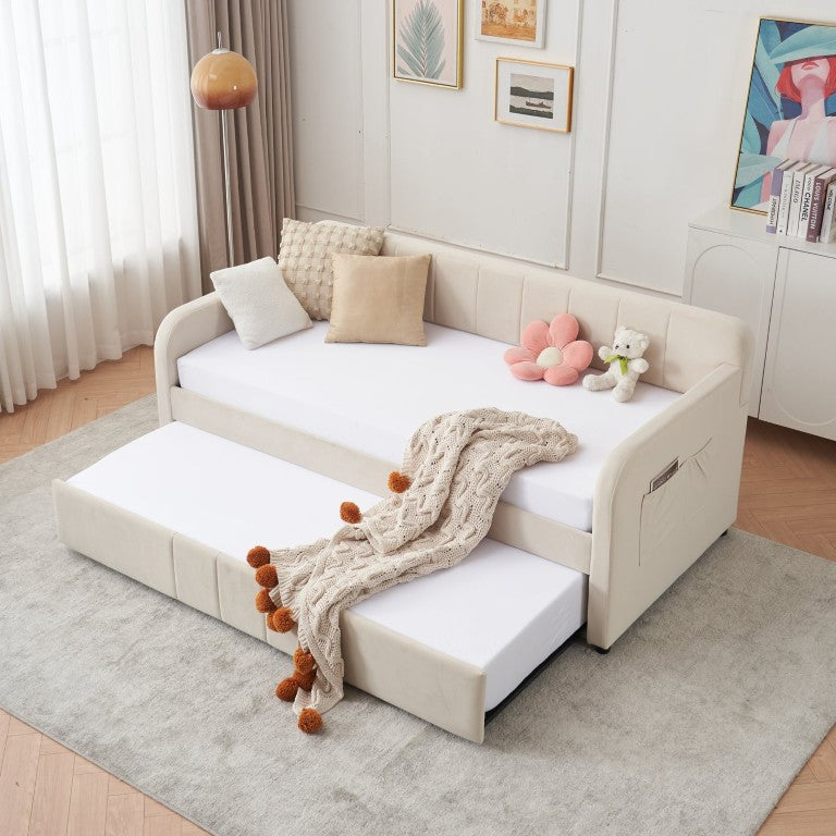 English Elm Twin Upholstered Sofa Daybed with Pull Out Trundle Pine Wood Slat Guest Room W1361S00111
