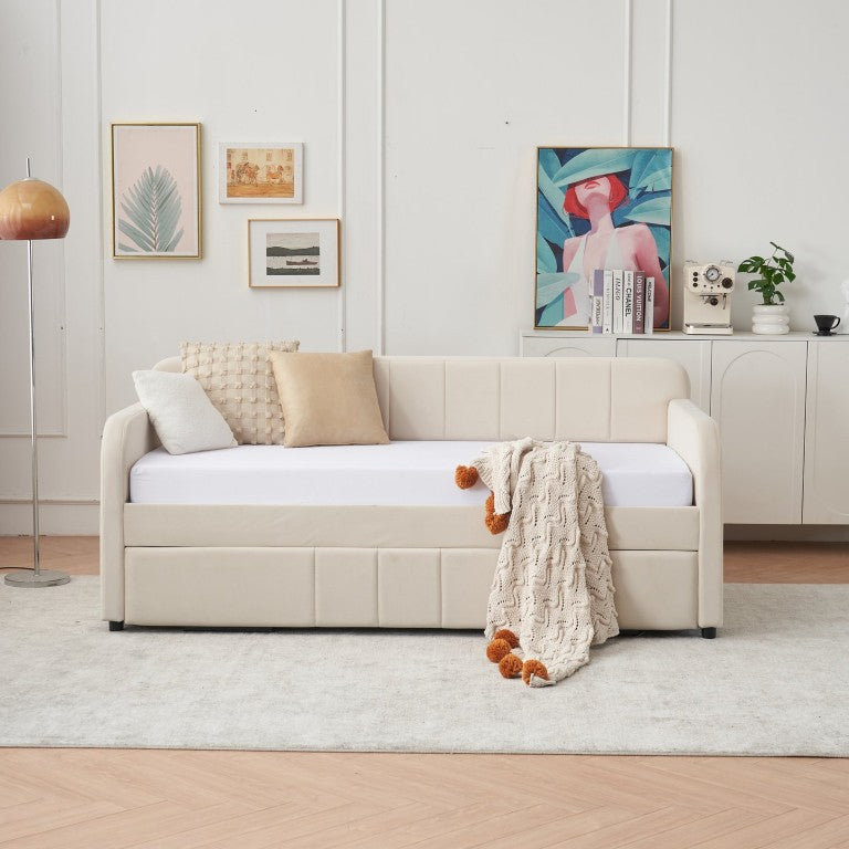 English Elm Twin Upholstered Sofa Daybed with Pull Out Trundle Pine Wood Slat Guest Room W1361S00111