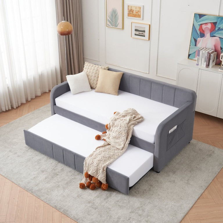 English Elm Twin Upholstered Daybed with Trundle Sofa Style Pine Frame for Guest Bedroom Grey W1361S00112