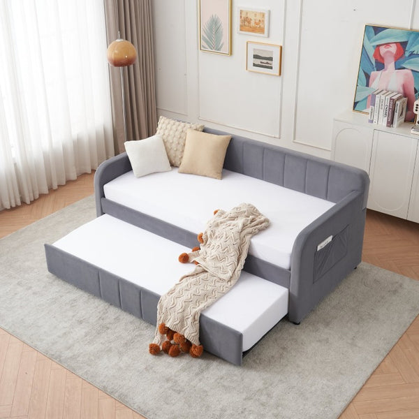 English Elm Twin Upholstered Daybed with Trundle Sofa Style Pine Frame for Guest Bedroom Grey W1361S00112