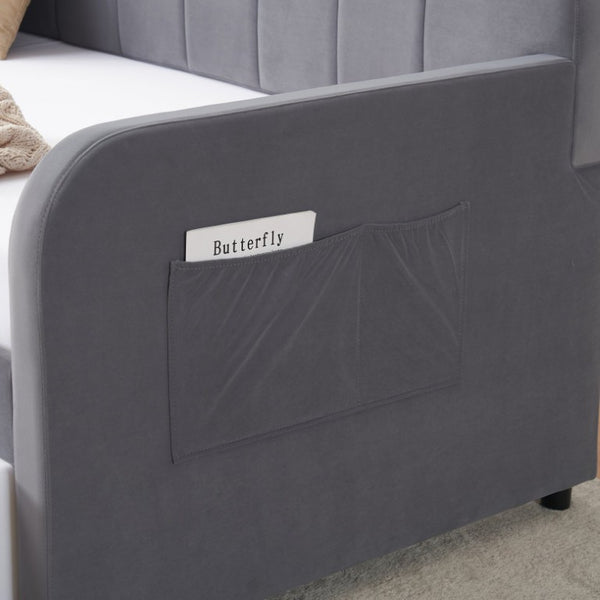 English Elm Twin Upholstered Daybed with Trundle Sofa Style Pine Frame for Guest Bedroom Grey W1361S00112