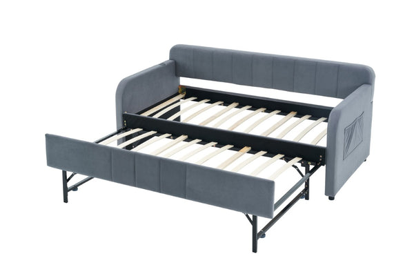 English Elm Twin Upholstered Daybed with Trundle Sofa Style Pine Frame for Guest Bedroom Grey W1361S00112