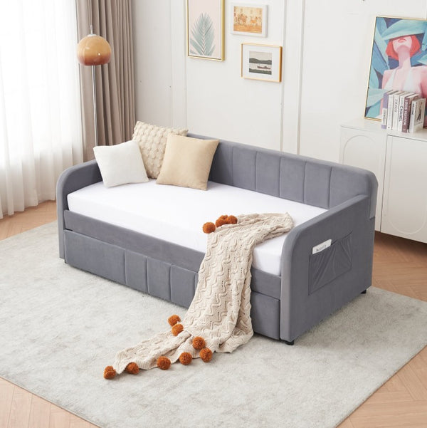 English Elm Twin Upholstered Daybed with Trundle Sofa Style Pine Frame for Guest Bedroom Grey W1361S00112