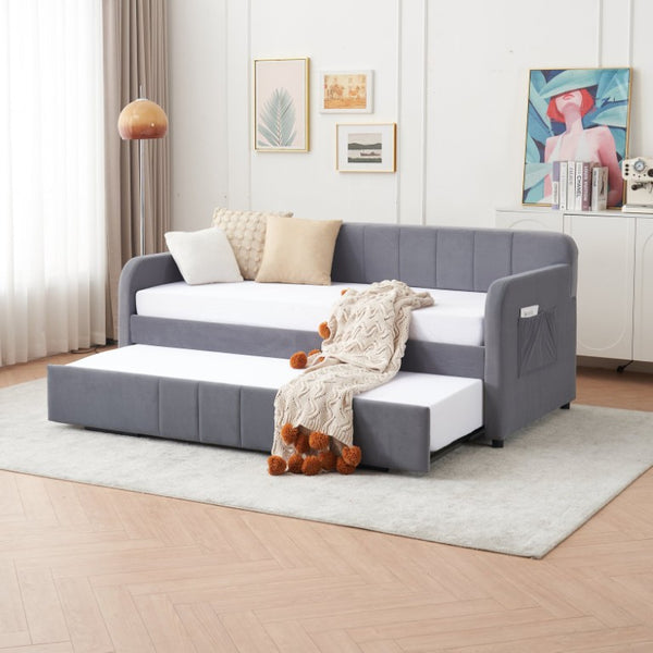English Elm Twin Upholstered Daybed with Trundle Sofa Style Pine Frame for Guest Bedroom Grey W1361S00112